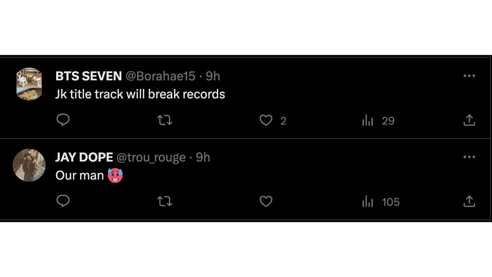Fans praise the BTS idol for his new feat. (Image via Twitter/@Borahae15 and @trou_rouge)